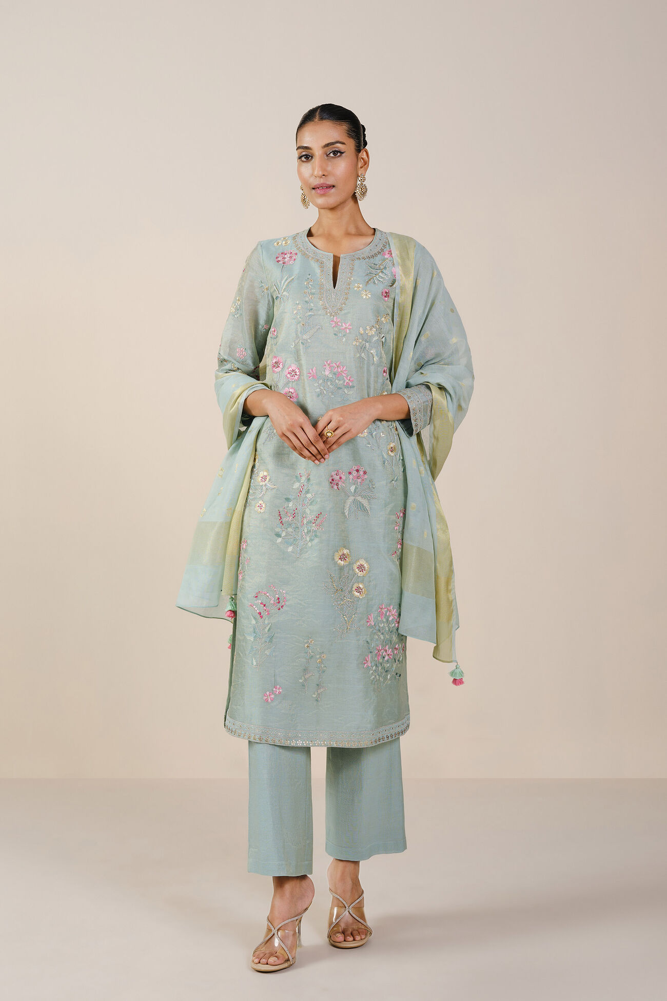 Nasrin Handwoven Maheshwari Suit Set - Powder Blue, Powder Blue, image 1